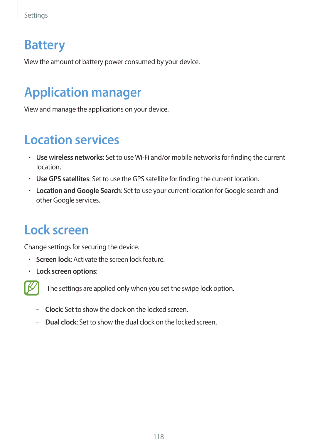 Samsung EK-GC100 user manual Battery, Application manager, Location services, Lock screen options 