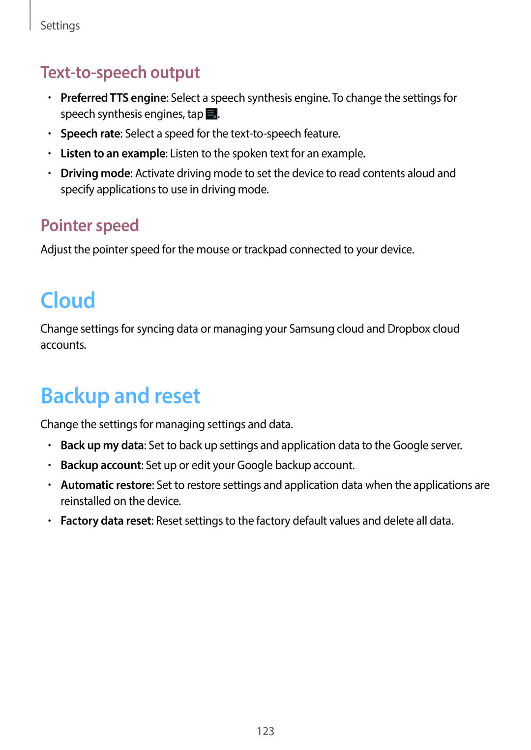 Samsung EK-GC100 user manual Cloud, Backup and reset, Text-to-speech output, Pointer speed 