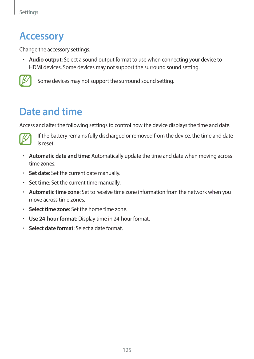 Samsung EK-GC100 user manual Accessory, Date and time 