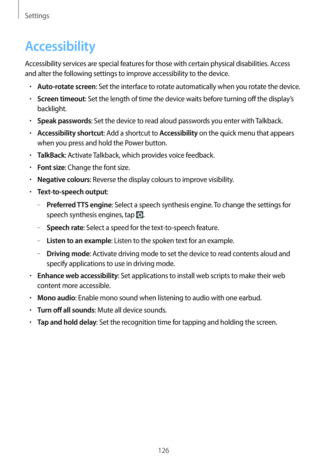 Samsung EK-GC100 user manual Accessibility, Text-to-speech output 