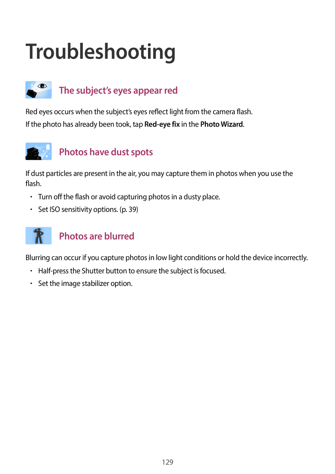 Samsung EK-GC100 user manual Troubleshooting, Subject’s eyes appear red 