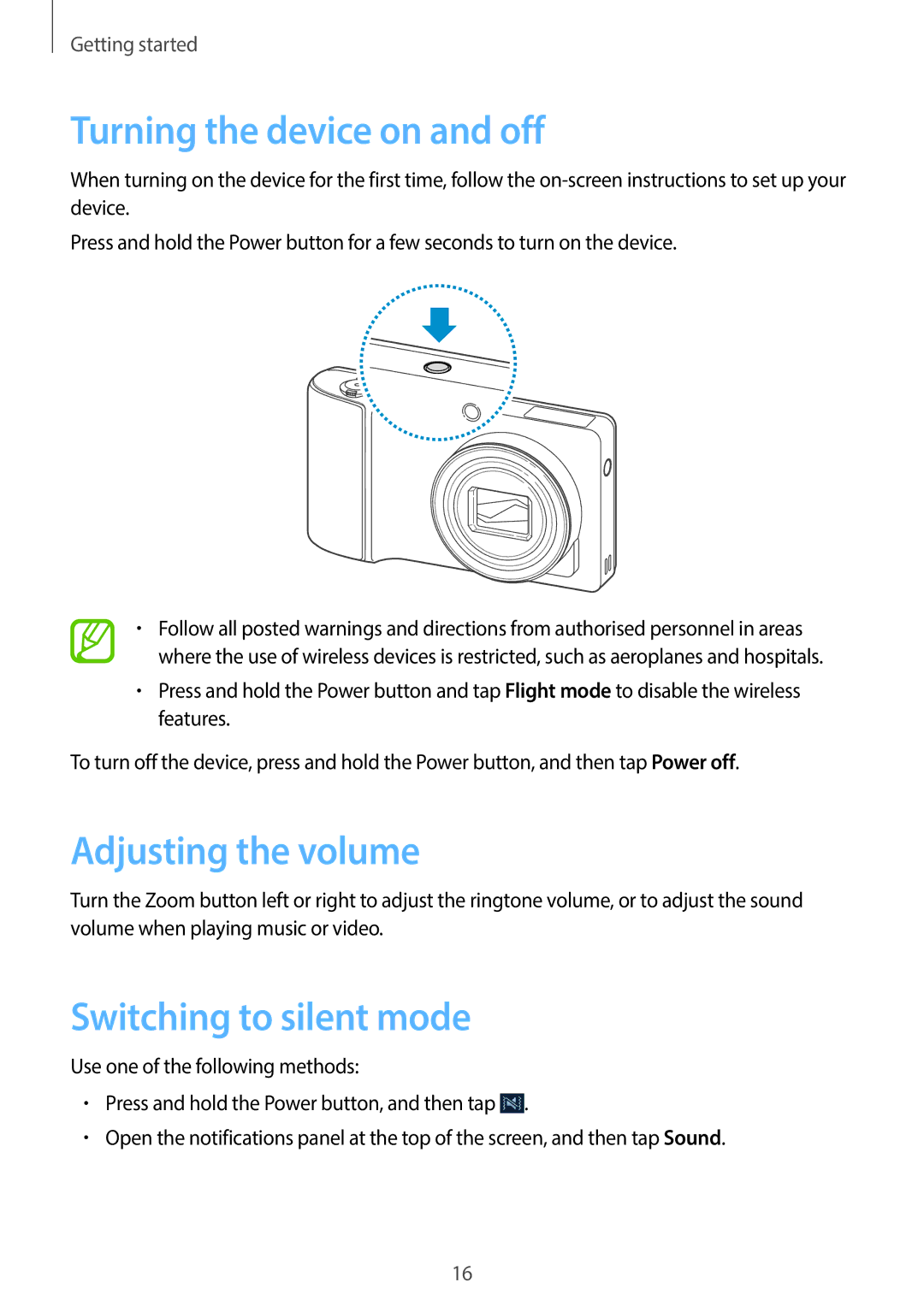 Samsung EK-GC100 user manual Turning the device on and off, Adjusting the volume, Switching to silent mode 