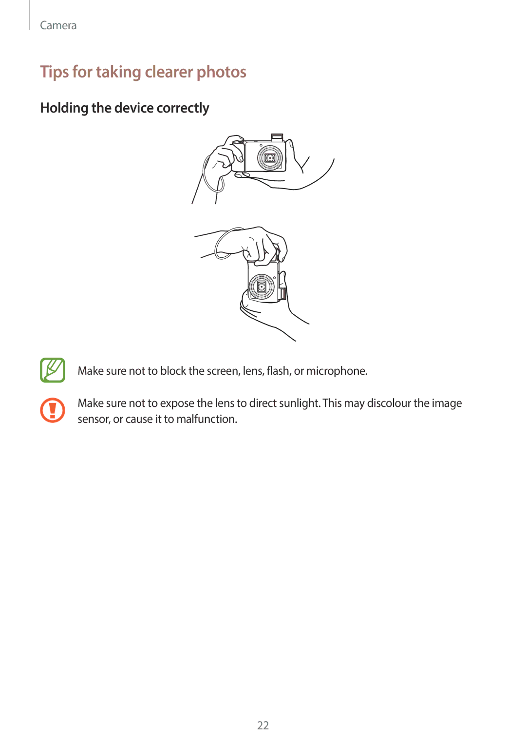 Samsung EK-GC100 user manual Tips for taking clearer photos, Holding the device correctly 