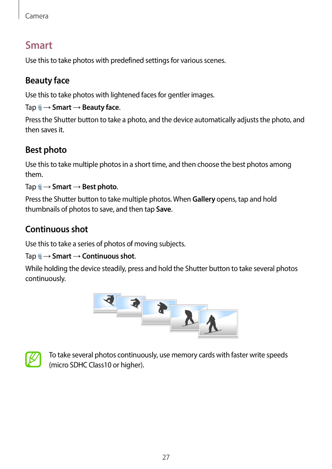 Samsung EK-GC100 user manual Smart, Beauty face, Best photo, Continuous shot 