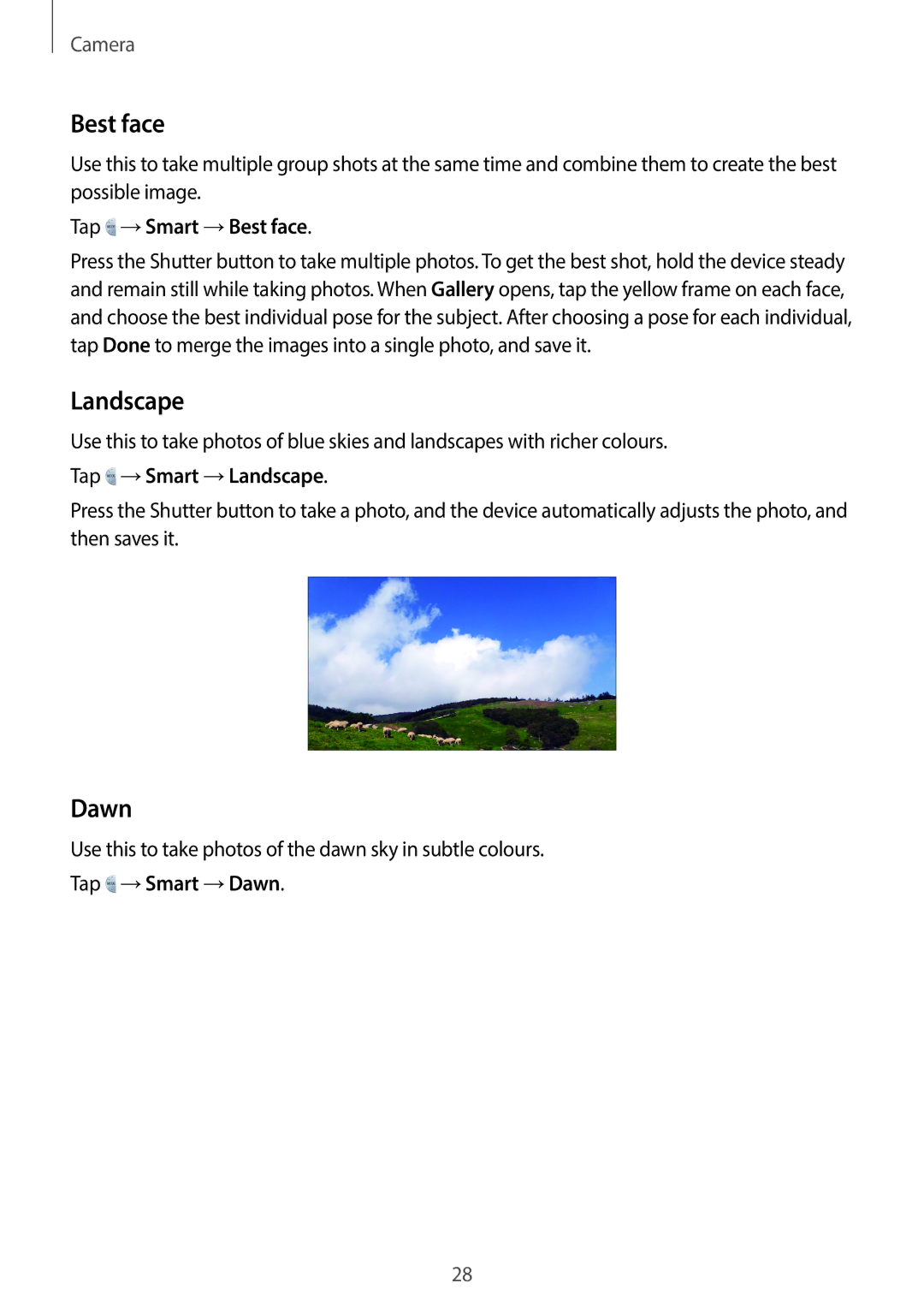 Samsung EK-GC100 user manual Best face, Landscape, Dawn 