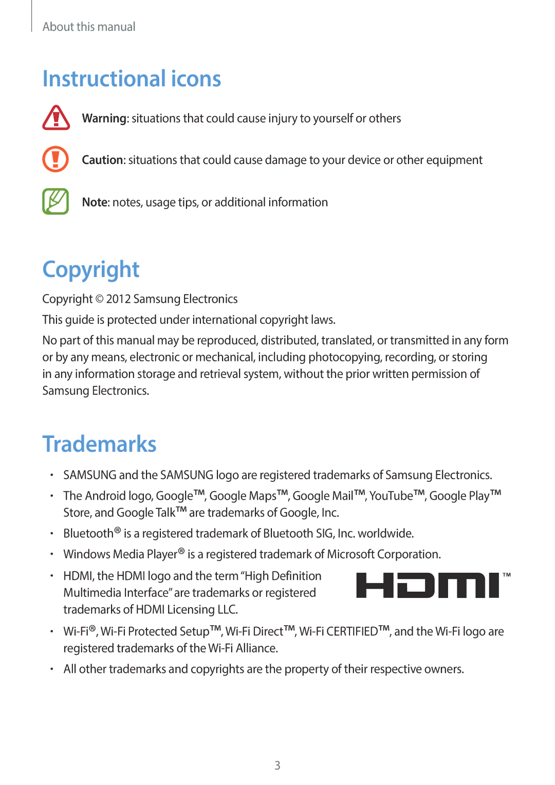 Samsung EK-GC100 user manual Instructional icons Copyright, Trademarks 