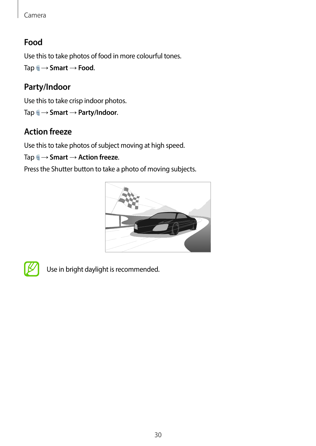 Samsung EK-GC100 user manual Food, Action freeze, Tap →Smart →Party/Indoor 