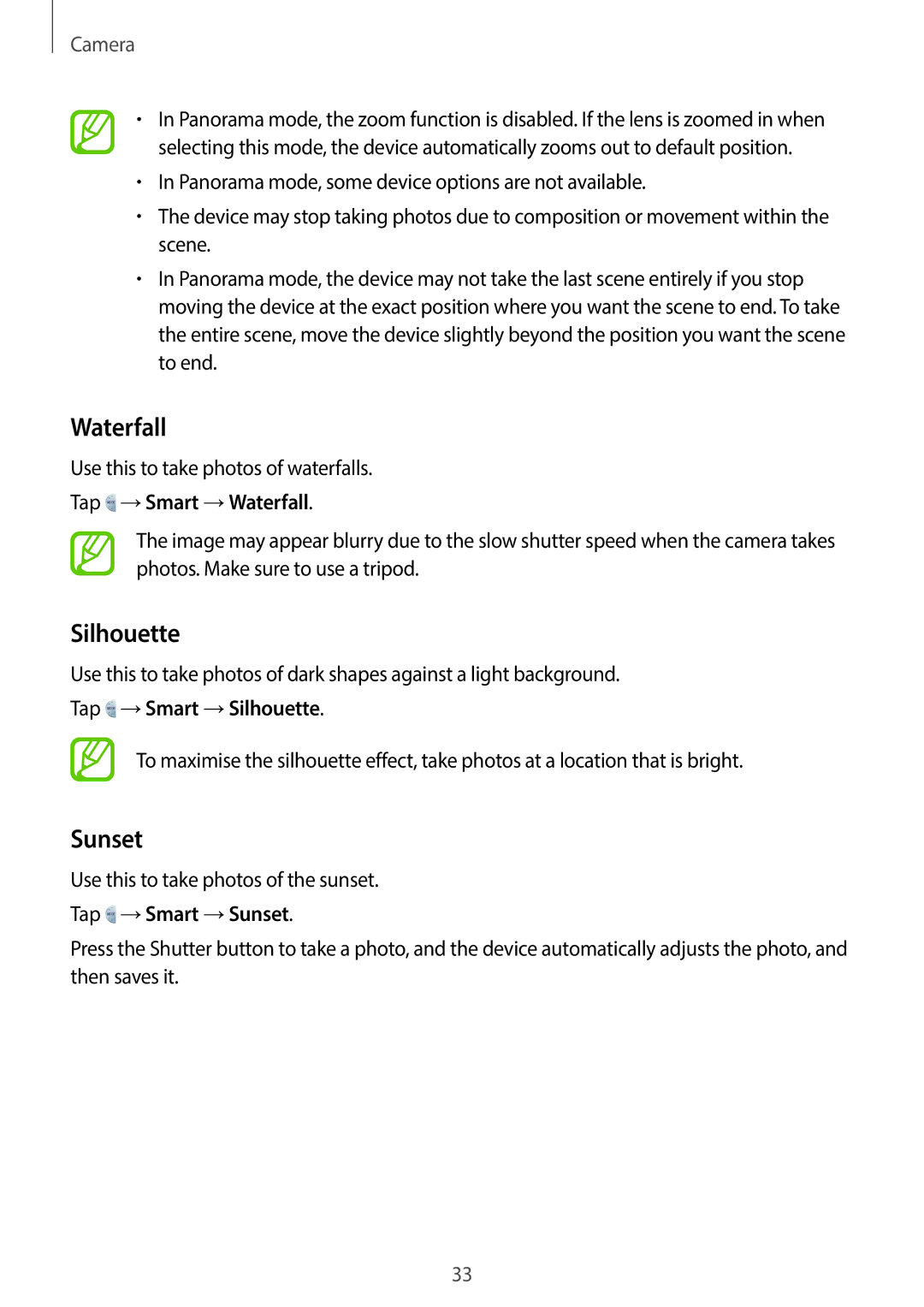 Samsung EK-GC100 user manual Waterfall, Silhouette, Sunset 