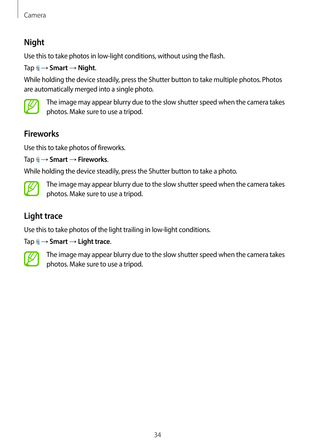 Samsung EK-GC100 user manual Night, Fireworks, Light trace 