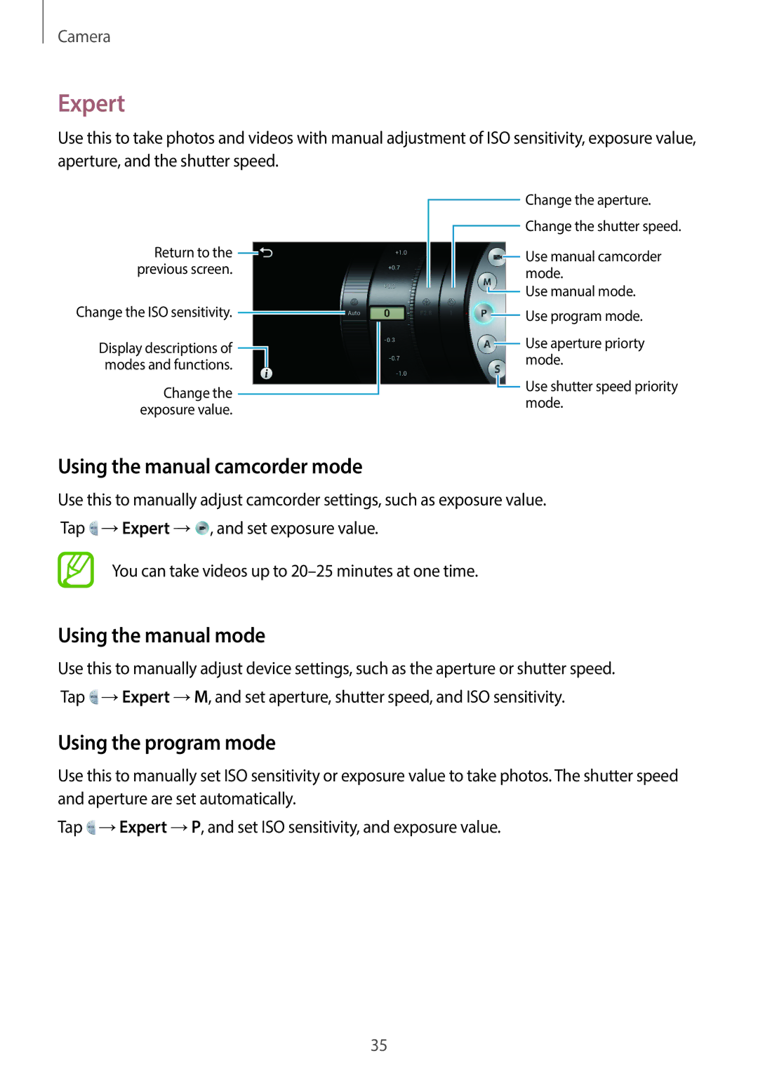 Samsung EK-GC100 user manual Expert, Using the manual camcorder mode, Using the manual mode, Using the program mode 