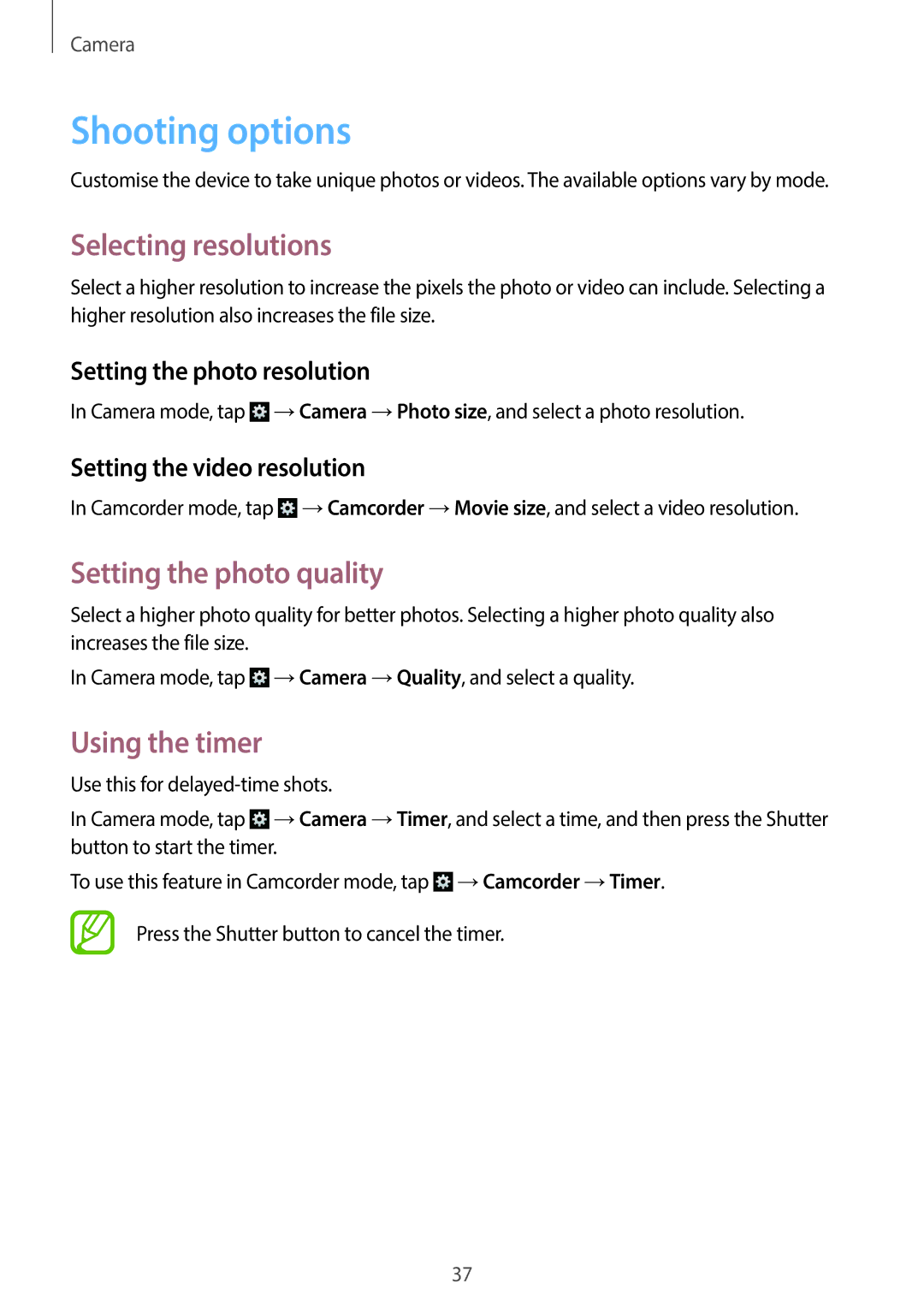 Samsung EK-GC100 user manual Shooting options, Selecting resolutions, Setting the photo quality, Using the timer 