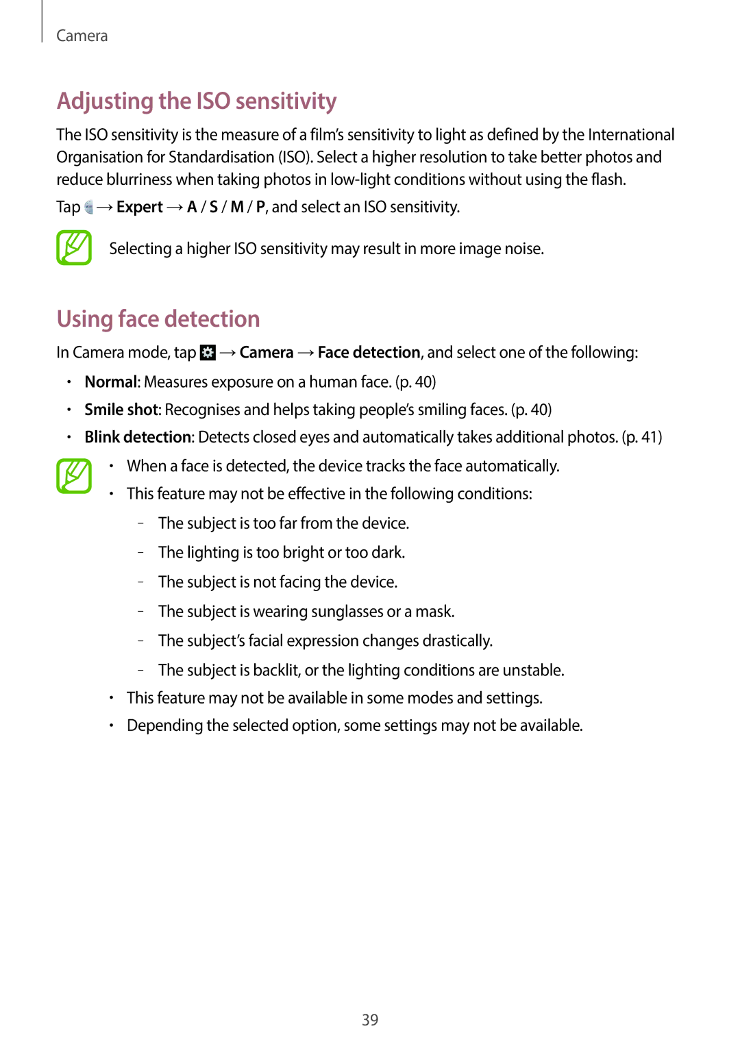 Samsung EK-GC100 user manual Adjusting the ISO sensitivity, Using face detection 