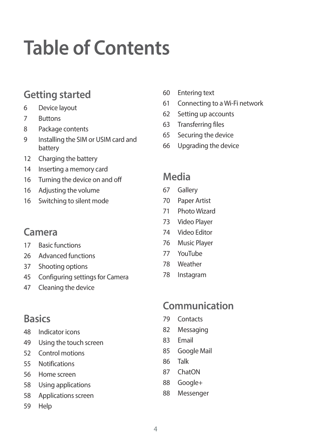 Samsung EK-GC100 user manual Table of Contents 