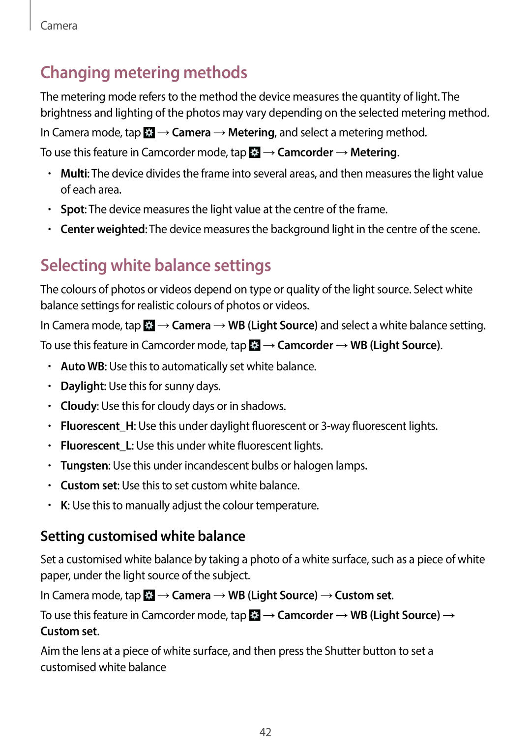 Samsung EK-GC100 user manual Changing metering methods, Selecting white balance settings, Setting customised white balance 