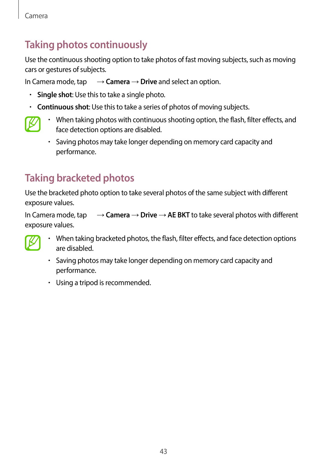 Samsung EK-GC100 user manual Taking photos continuously, Taking bracketed photos 