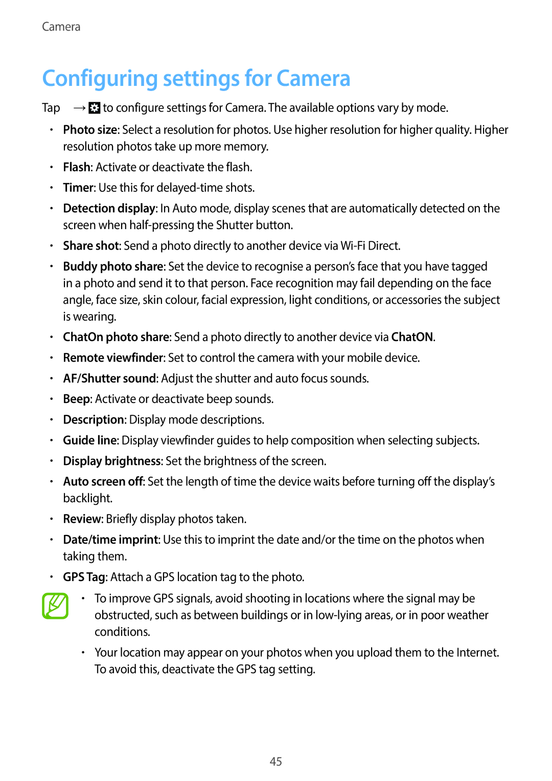 Samsung EK-GC100 user manual Configuring settings for Camera 