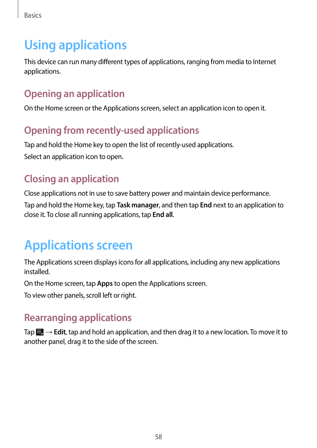 Samsung EK-GC100 user manual Using applications, Applications screen 