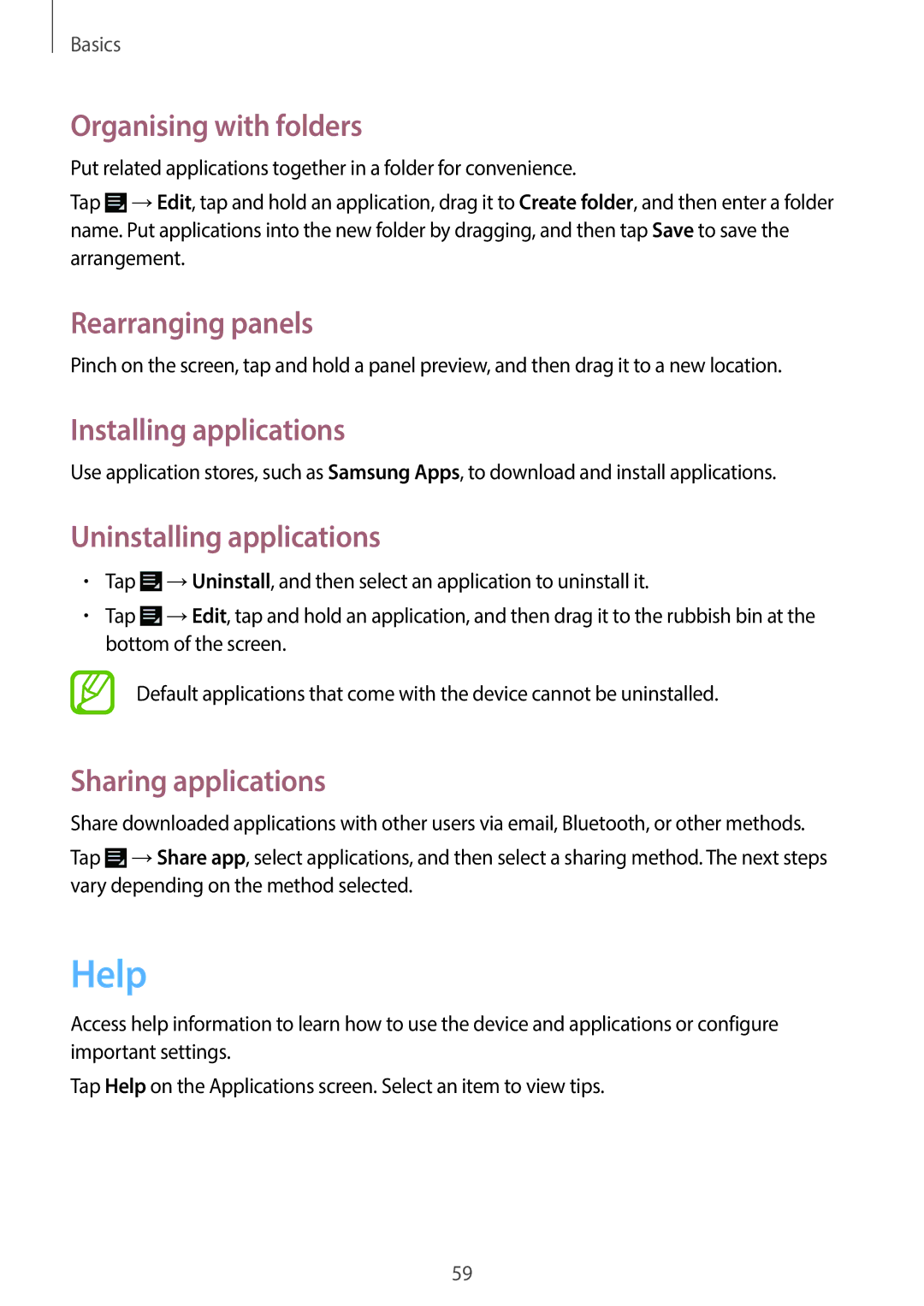 Samsung EK-GC100 Help, Organising with folders, Installing applications, Uninstalling applications, Sharing applications 