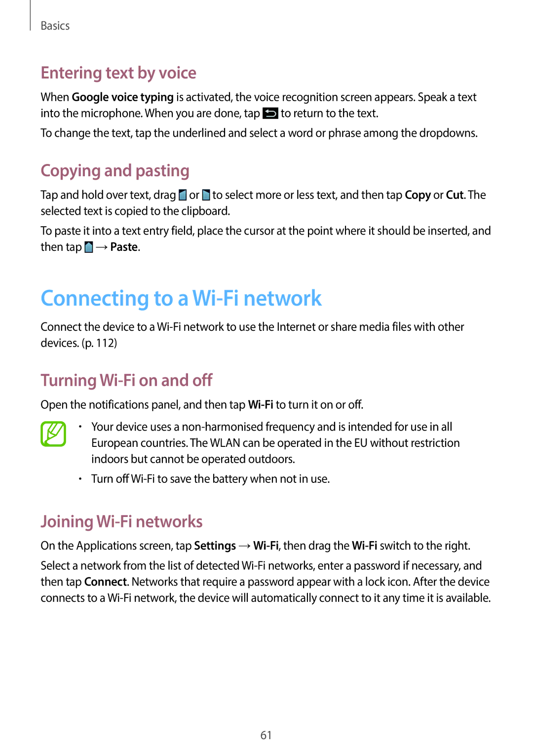 Samsung EK-GC100 Connecting to a Wi-Fi network, Entering text by voice, Copying and pasting, Turning Wi-Fi on and off 