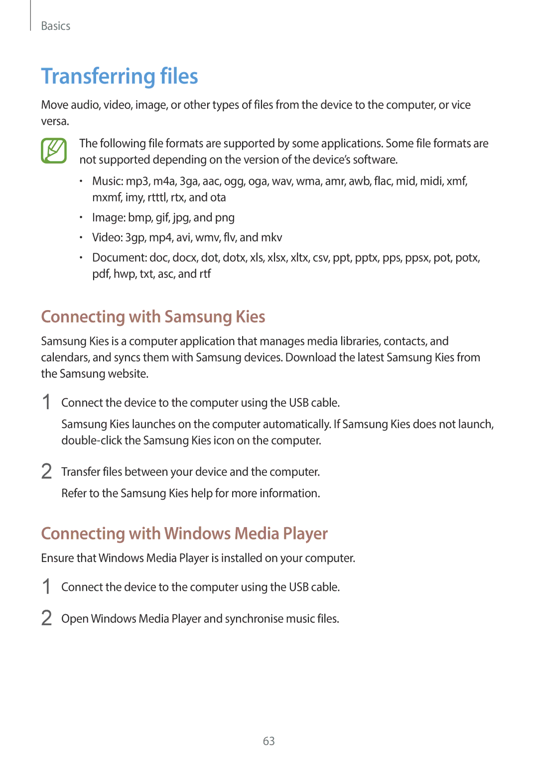 Samsung EK-GC100 user manual Transferring files, Connecting with Samsung Kies, Connecting with Windows Media Player 