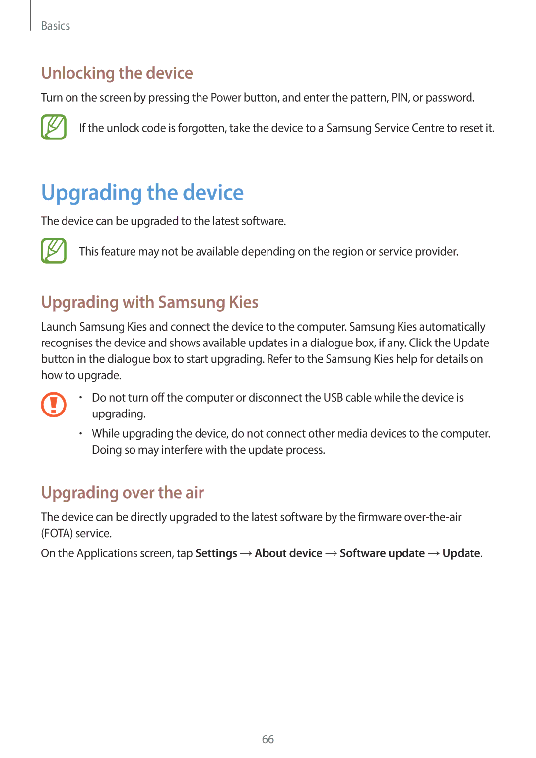 Samsung EK-GC100 Upgrading the device, Unlocking the device, Upgrading with Samsung Kies, Upgrading over the air 