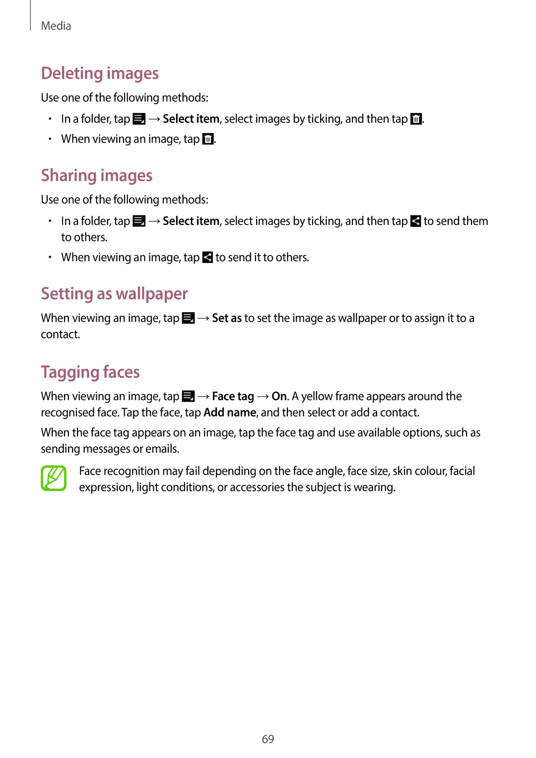 Samsung EK-GC100 user manual Deleting images, Sharing images, Setting as wallpaper, Tagging faces 