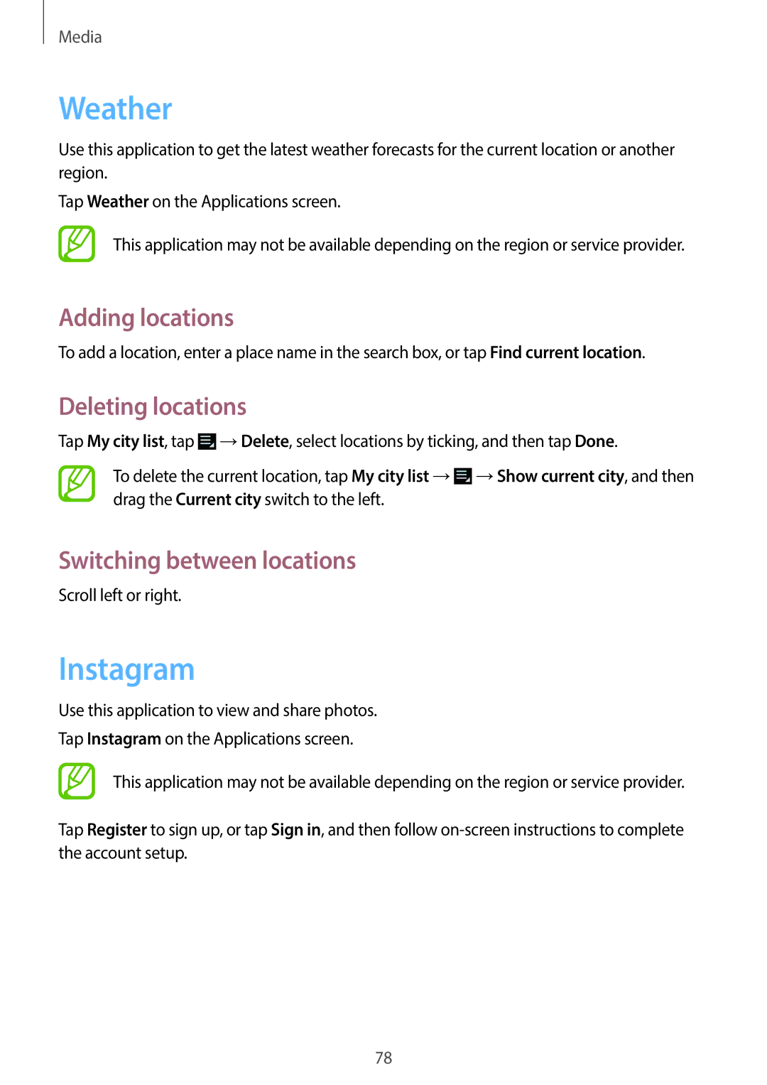 Samsung EK-GC100 user manual Weather, Instagram, Adding locations, Deleting locations, Switching between locations 