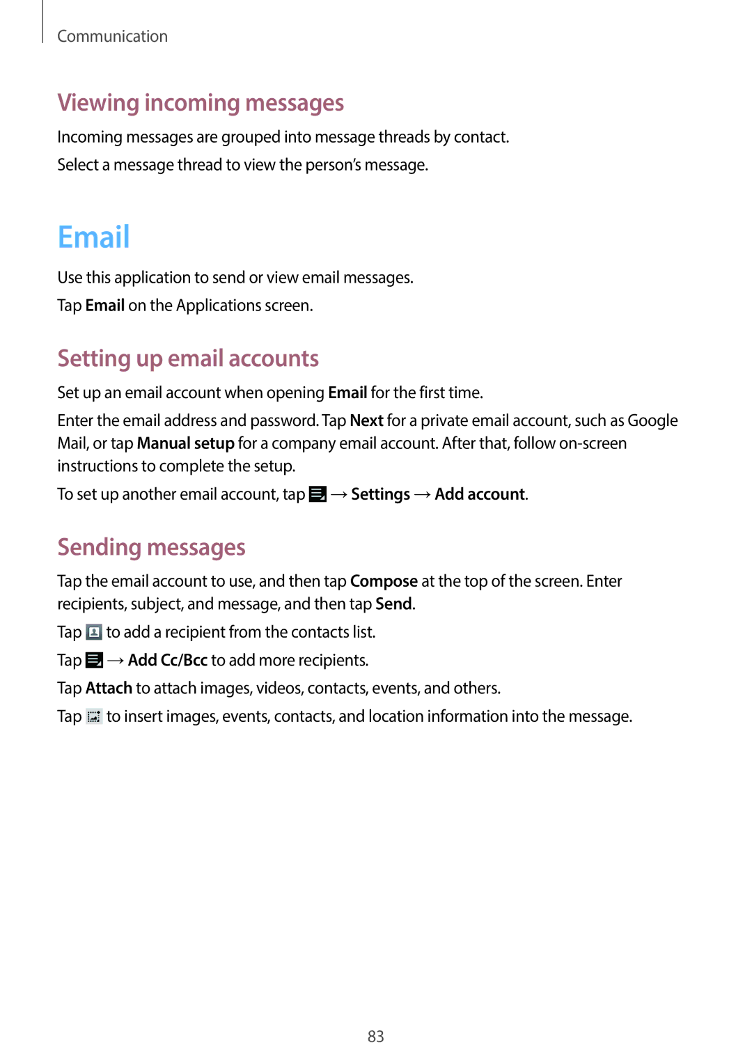 Samsung EK-GC100 user manual Viewing incoming messages, Setting up email accounts 