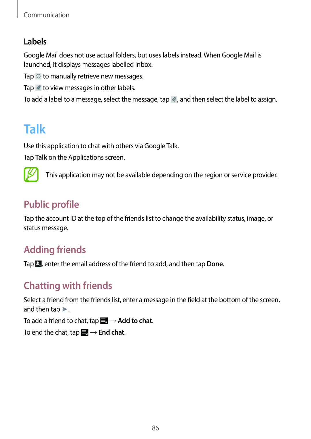 Samsung EK-GC100 user manual Talk, Public profile, Adding friends, Chatting with friends, Labels 