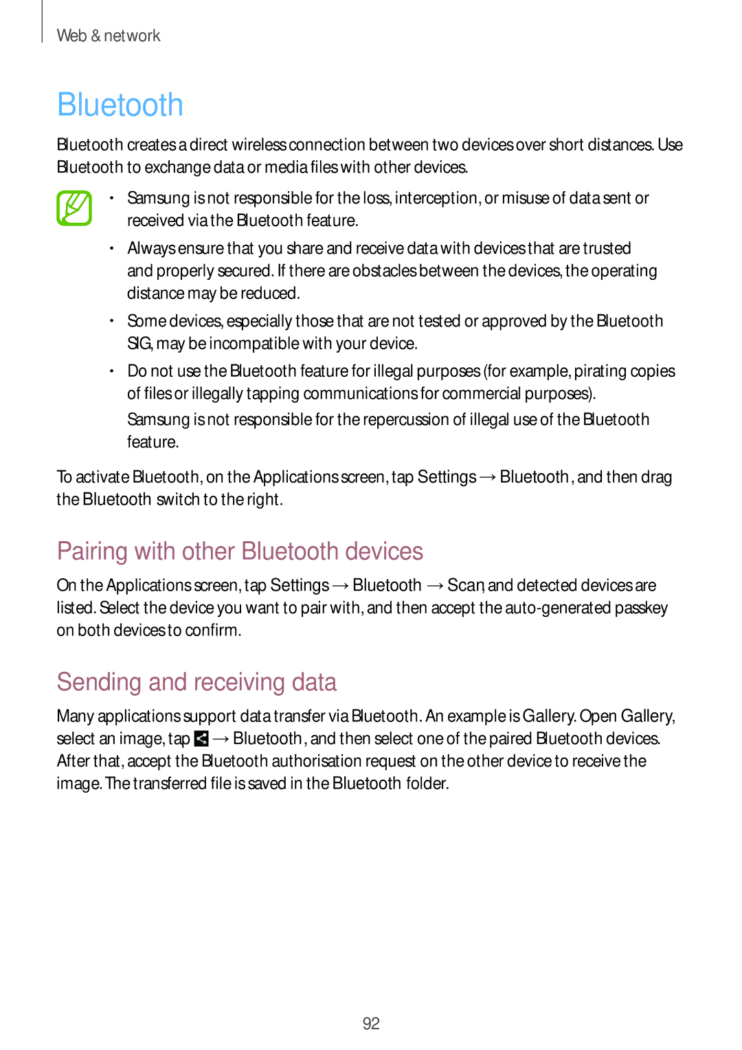 Samsung EK-GC100 user manual Pairing with other Bluetooth devices, Sending and receiving data 