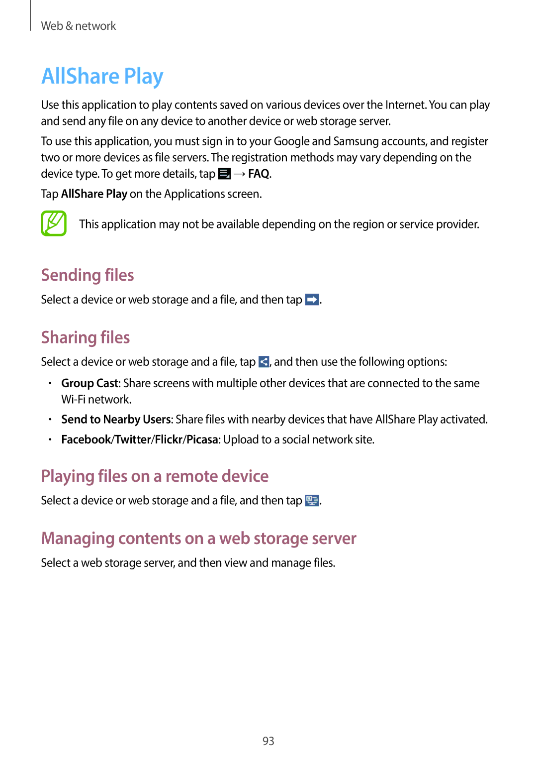 Samsung EK-GC100 user manual AllShare Play, Sending files, Sharing files, Playing files on a remote device 