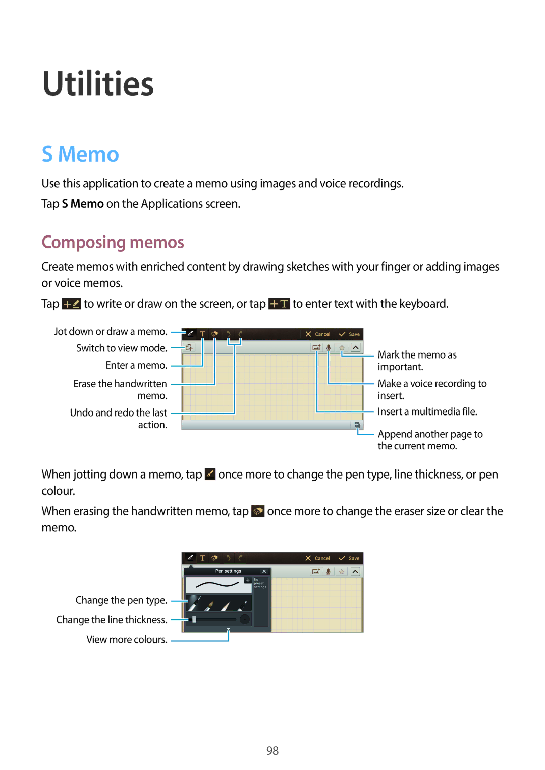 Samsung EK-GC100 user manual Utilities, Memo, Composing memos 