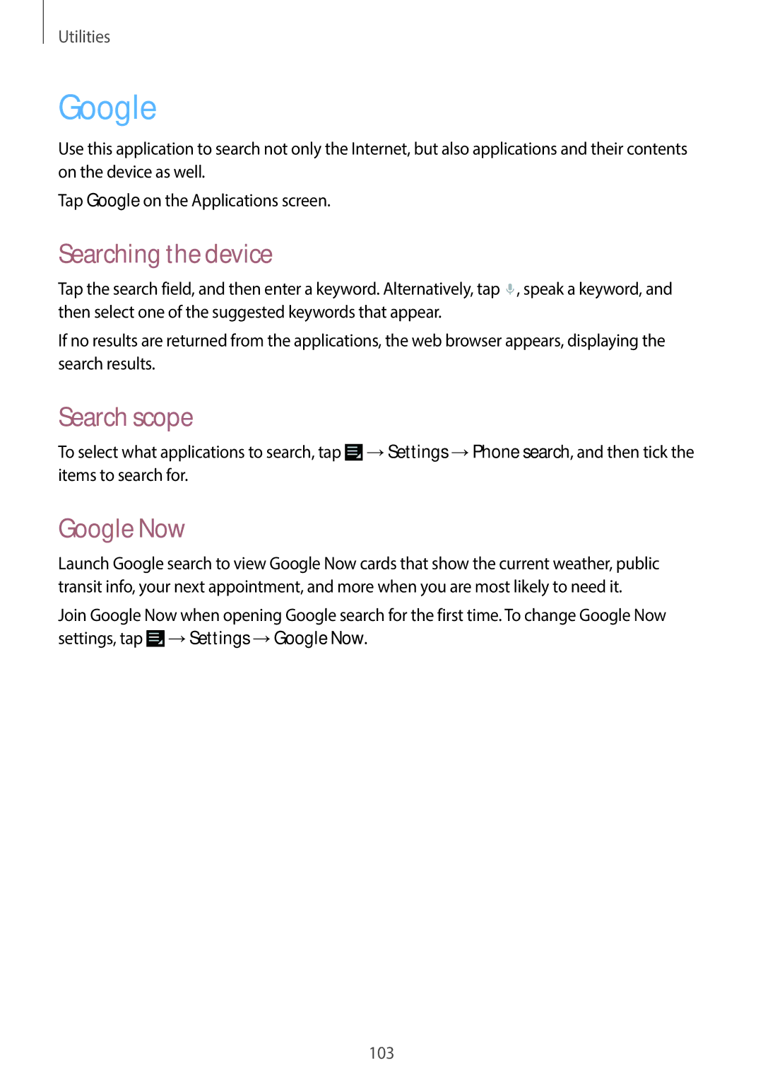 Samsung EK-GC100 user manual Searching the device, Search scope, Google Now 