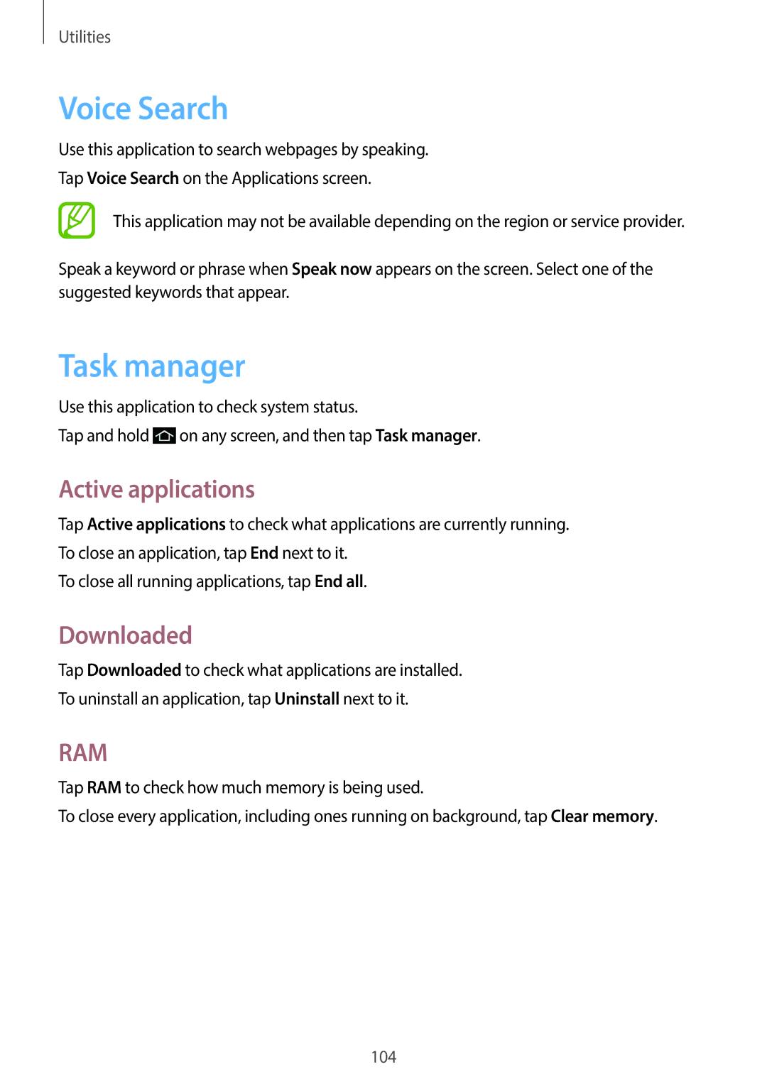 Samsung EK-GC100 user manual Voice Search, Task manager, Active applications, Downloaded 