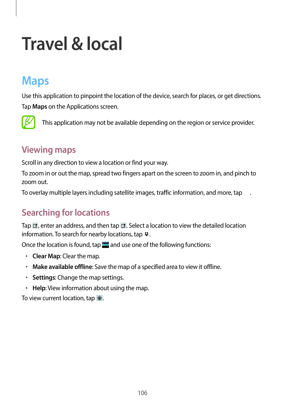 Samsung EK-GC100 user manual Travel & local, Maps, Viewing maps, Searching for locations 