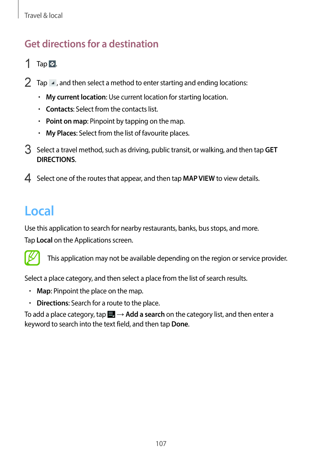 Samsung EK-GC100 user manual Local, Get directions for a destination 