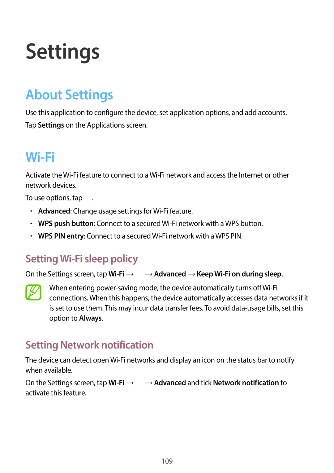 Samsung EK-GC100 user manual About Settings, Setting Wi-Fi sleep policy, Setting Network notification 