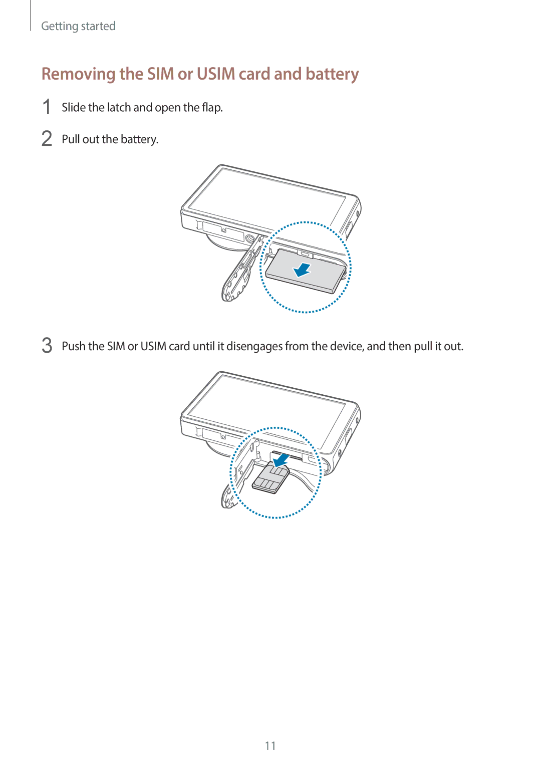 Samsung EK-GC100 user manual Removing the SIM or Usim card and battery 