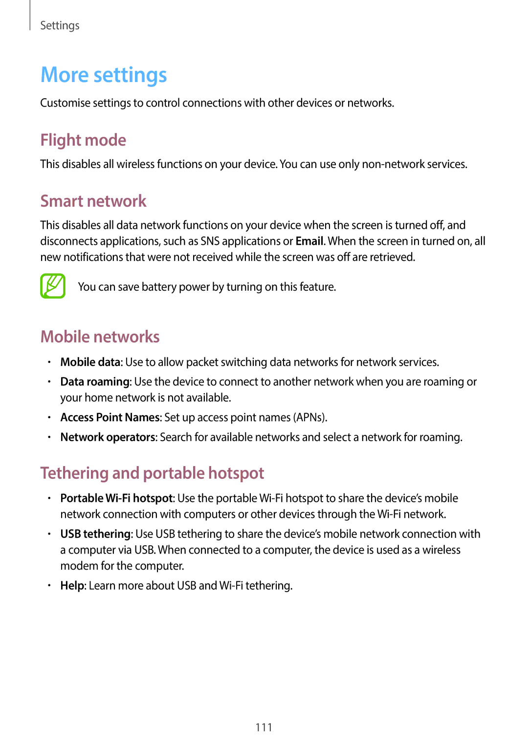 Samsung EK-GC100 user manual More settings, Flight mode, Smart network, Mobile networks, Tethering and portable hotspot 