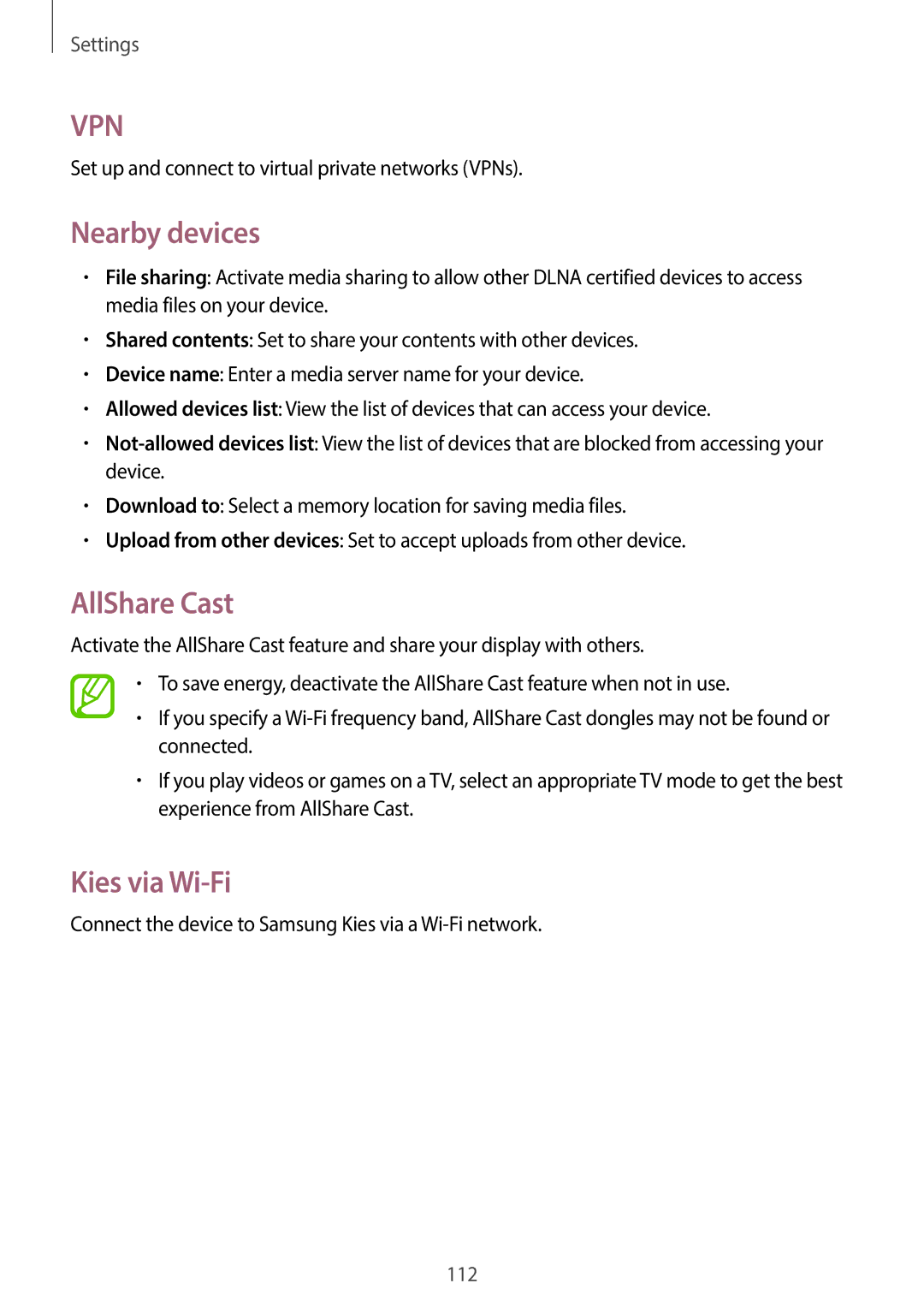 Samsung EK-GC100 user manual Nearby devices, AllShare Cast, Kies via Wi-Fi 