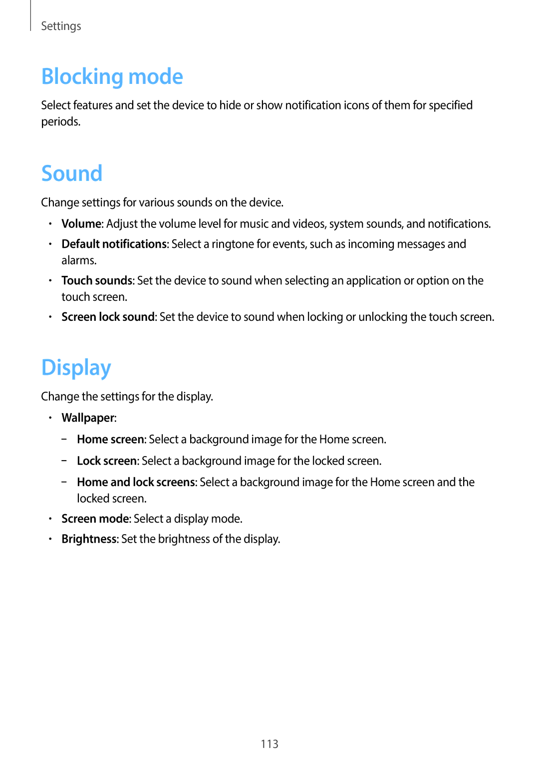 Samsung EK-GC100 user manual Blocking mode, Sound, Display, Wallpaper 