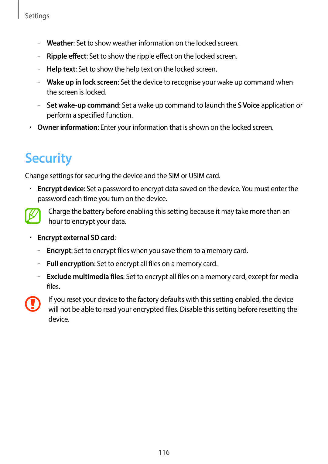 Samsung EK-GC100 user manual Security, Encrypt external SD card 