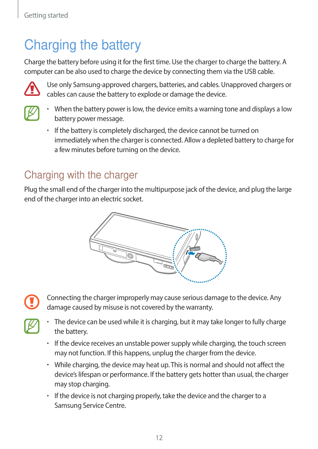 Samsung EK-GC100 user manual Charging the battery, Charging with the charger 