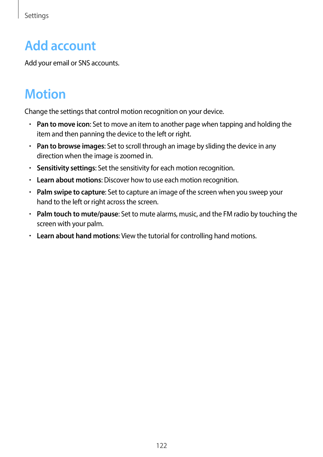 Samsung EK-GC100 user manual Add account, Motion 