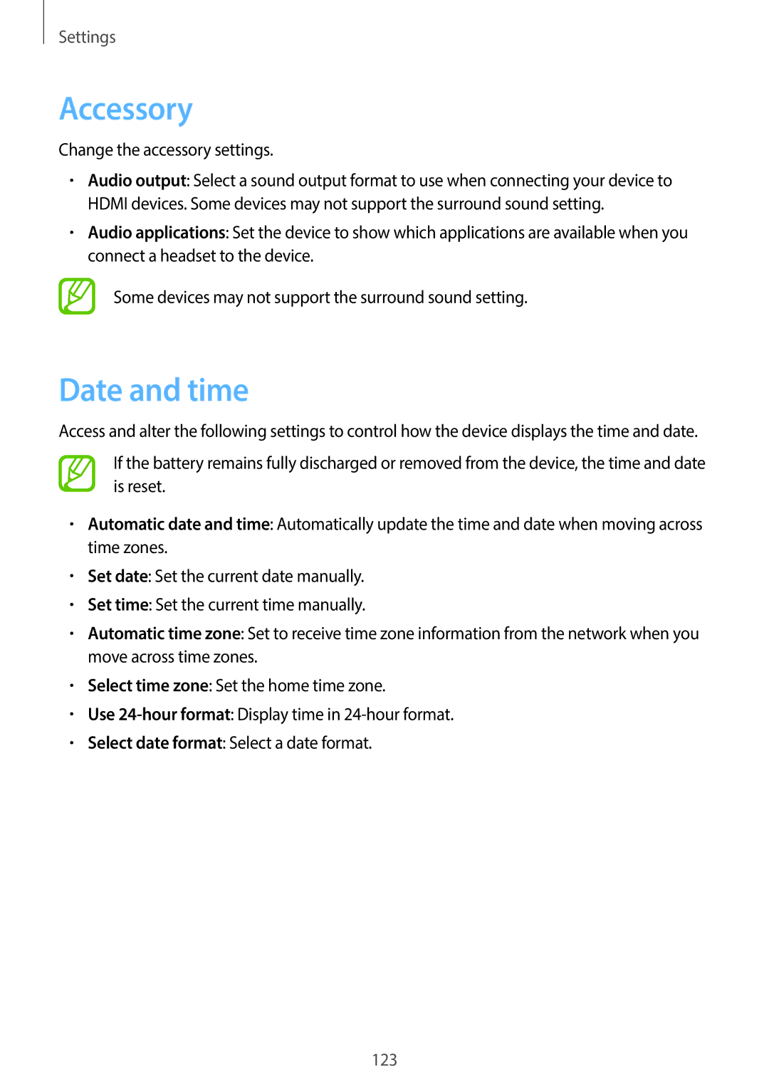 Samsung EK-GC100 user manual Accessory, Date and time 