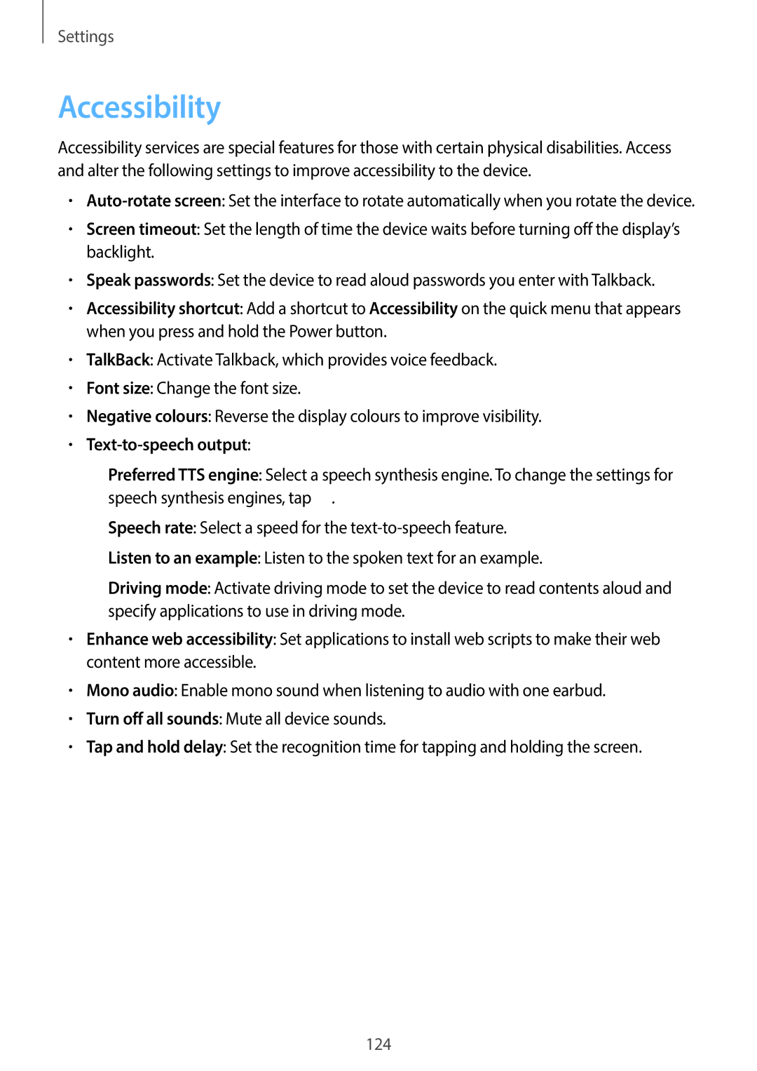 Samsung EK-GC100 user manual Accessibility, Text-to-speech output 