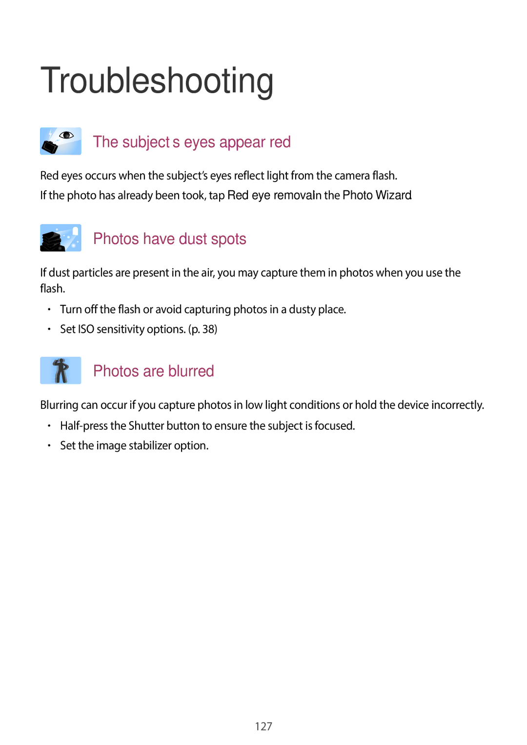 Samsung EK-GC100 user manual Troubleshooting, Subject’s eyes appear red 