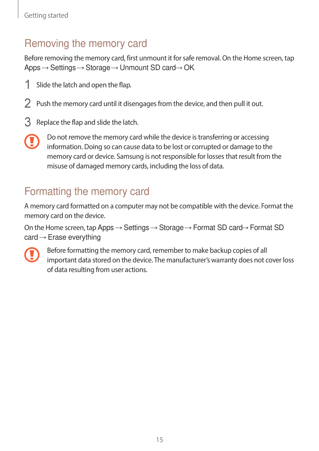 Samsung EK-GC100 user manual Removing the memory card, Formatting the memory card 