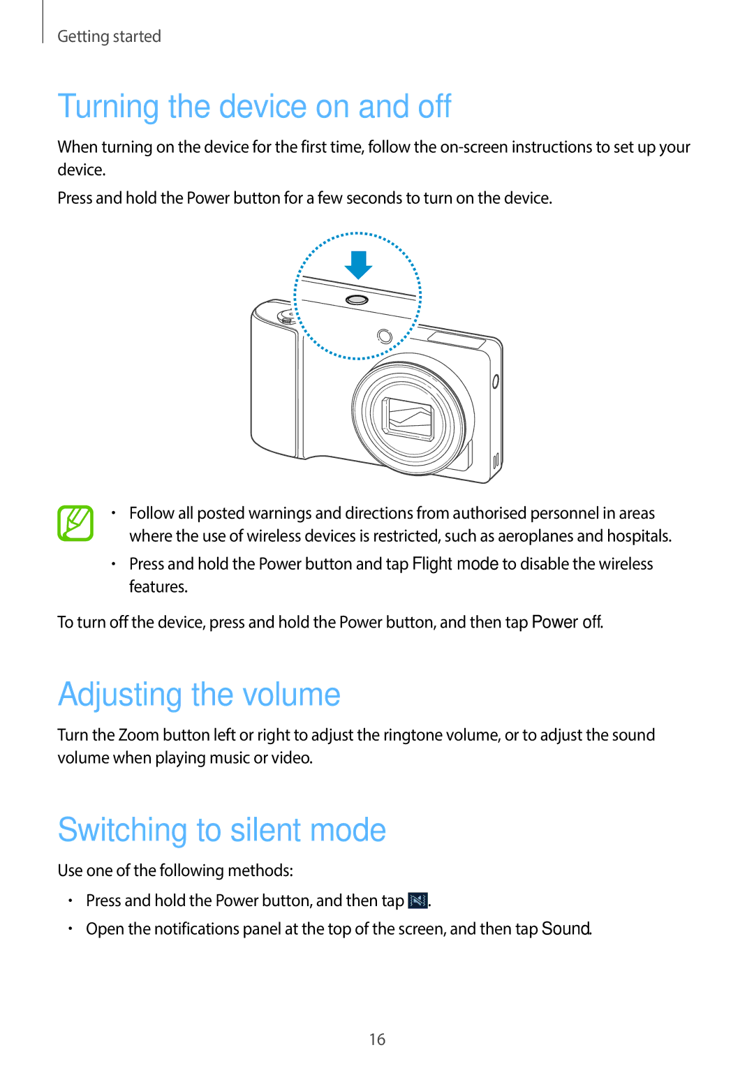 Samsung EK-GC100 user manual Turning the device on and off, Adjusting the volume, Switching to silent mode 