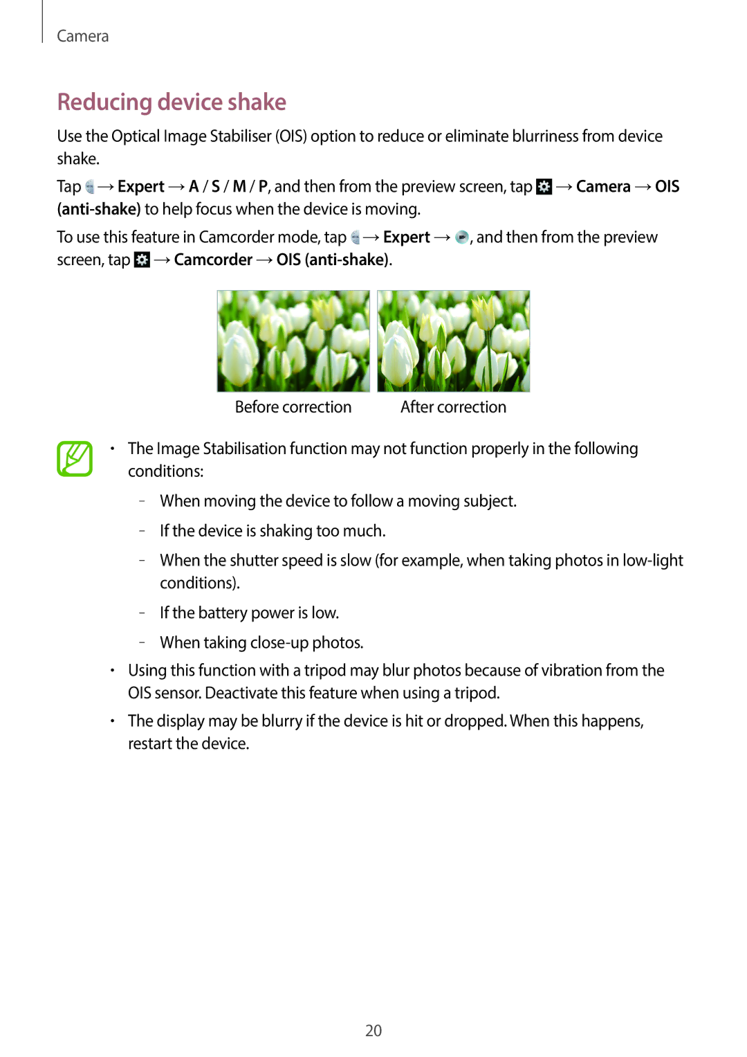 Samsung EK-GC100 user manual Reducing device shake 